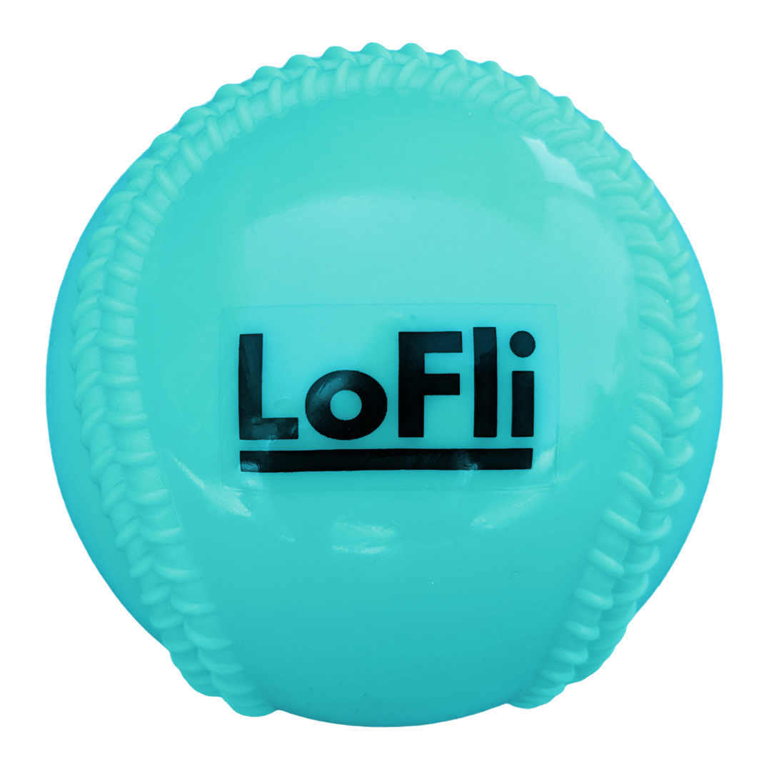 A cyan LoFli limited-flight softball, seen face on