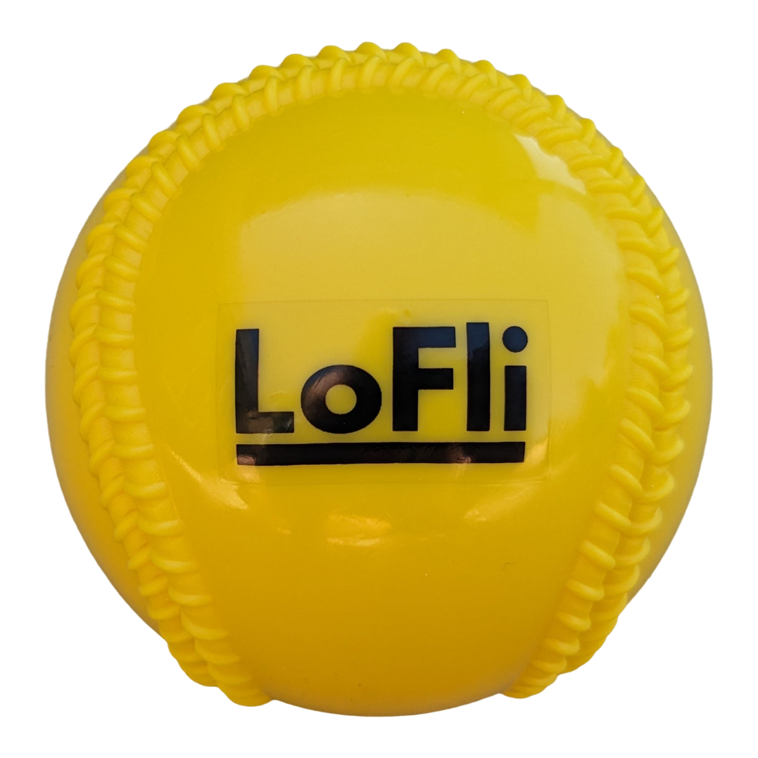 A yellow LoFli limited-flight baseball, seen face on